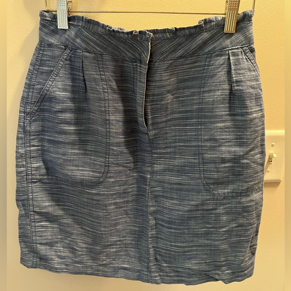 J. Crew Linen Blue Heathered Playa Ruffled Waist Pencil Skit, Size 2.